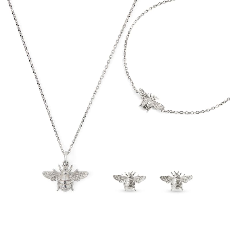Bee Charm Necklace, Bracelet & Stud Earrings Set in Sterling Silver 925