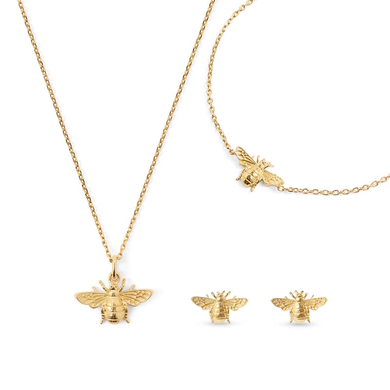 Bee Charm Necklace, Bracelet & Stud Earrings Set in 18ct Gold Vermeil