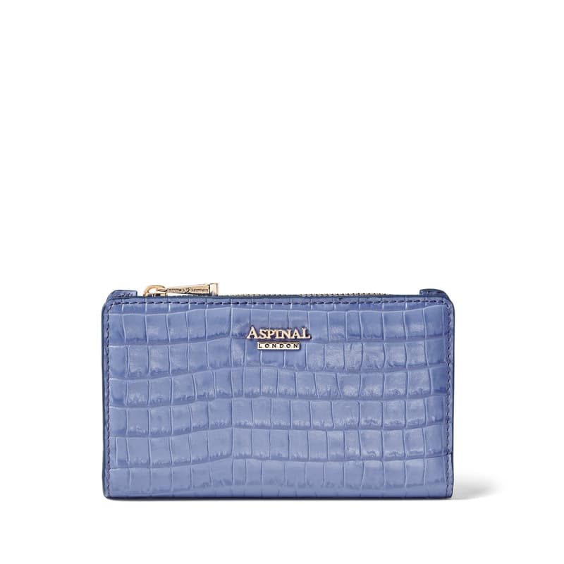 Mayfair Coin & Card Leather Wallet in Deep Shine Capri Blue Small Croc