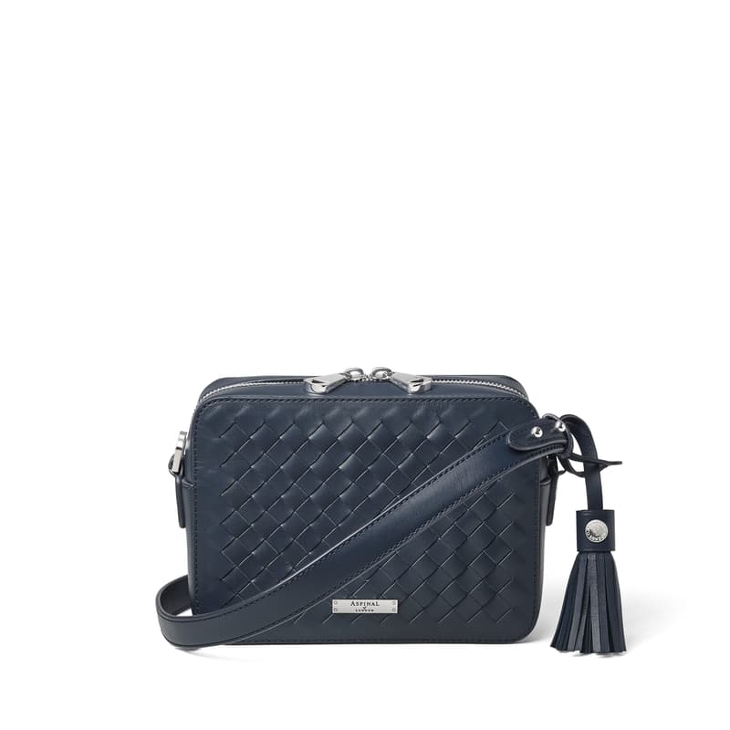 Camera Crossbody Bag in French Navy Woven Leather