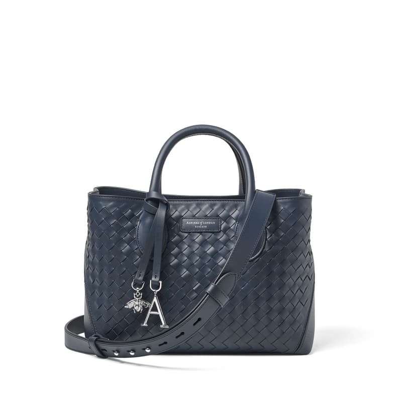 Midi London Tote Bag in French Navy Woven Leather