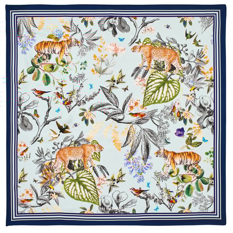 Tigers & Leopards Silk Scarf in Teal Pure Silk