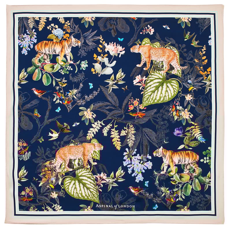 Tigers & Leopards Silk Scarf in Navy Pure Silk