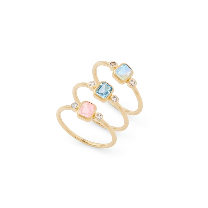 Gemstone Ring Set Set in Swiss Blue Topaz, Moonstone, Rose Quartz & 18ct Gold Vermeil