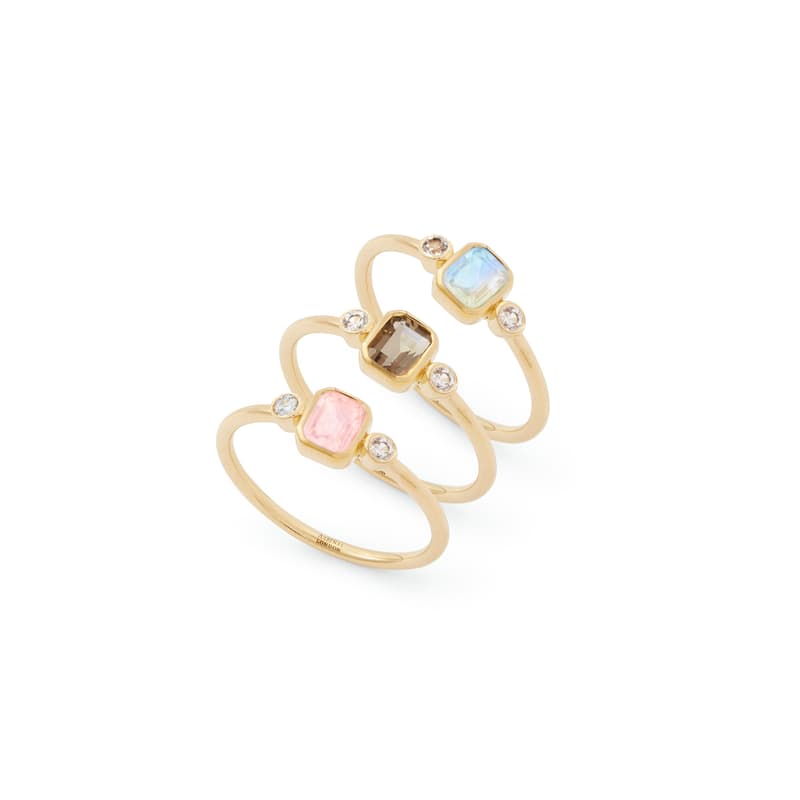 Gemstone Ring Set Set in Smoky Quartz, Rainbow Moonstone, Rose Quartz & 18ct Gold Vermeil