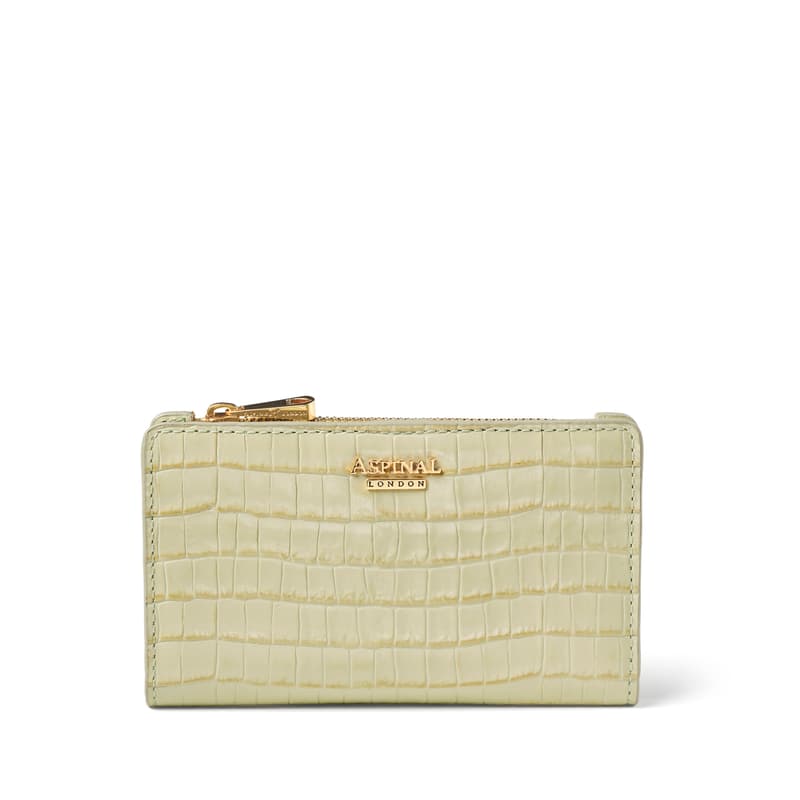 Mayfair Coin & Card Leather Wallet in Deep Shine Pistachio Small Croc