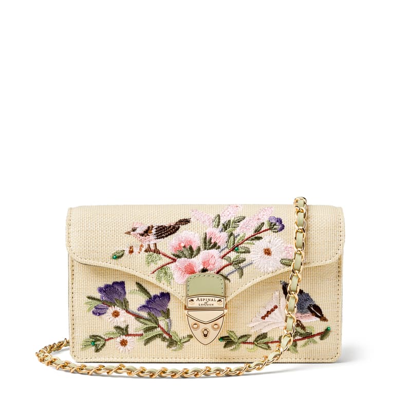 Mayfair Embroidered Clutch Bag in English Garden Hand Embroidery on Canvas Raffia