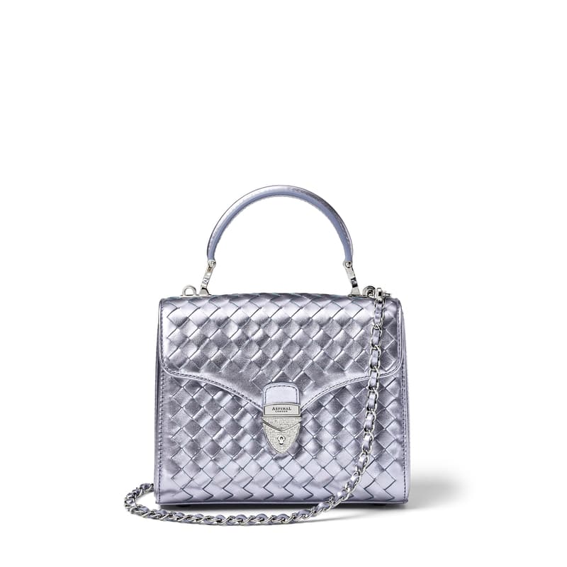 Midi Mayfair Woven Leather Bag in Blue Metallic Woven Leather