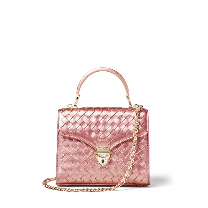 Midi Mayfair Woven Leather Bag in Blush Pink Metallic Woven Leather