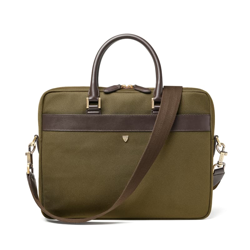 Slim Nylon Briefcase Bag in Khaki Leather-Trim Nylon Canvas