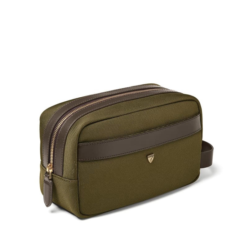 Men's Wash Bag in Khaki Leather-Trim Nylon Canvas