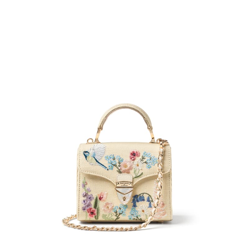Mini Mayfair Embroidered Bag in English Garden Hand Embroidery on Canvas Raffia