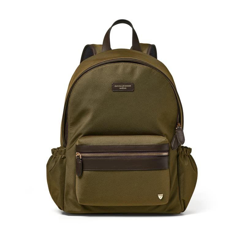 Men's Backpack in Khaki Leather-Trim Nylon Canvas