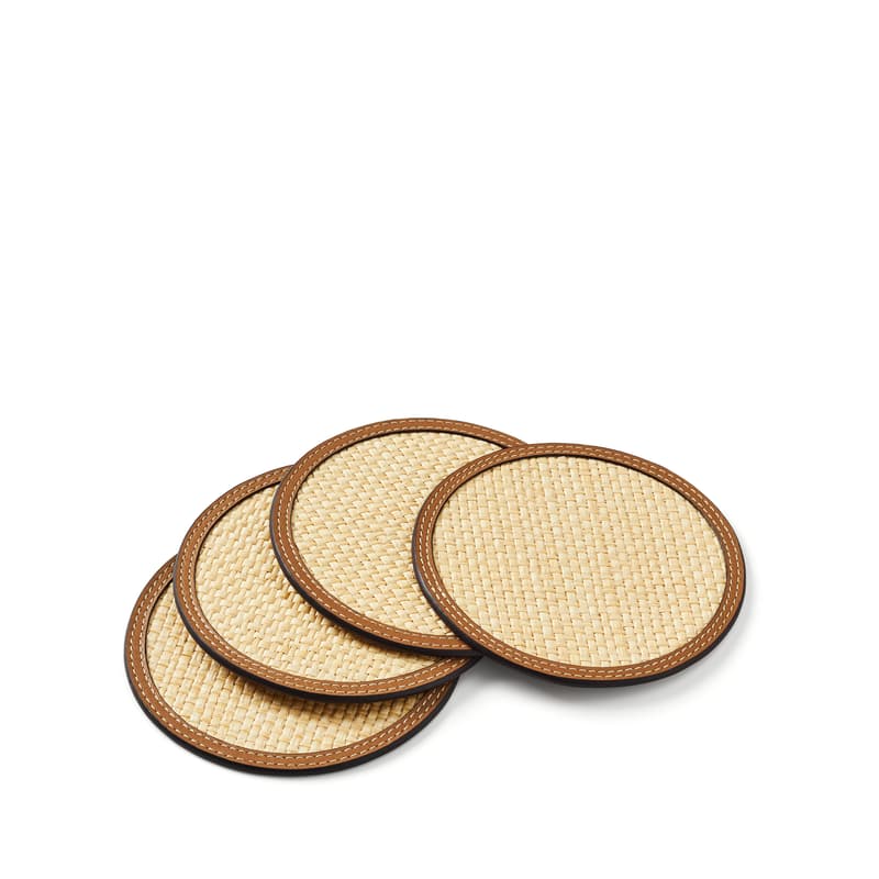 Set of 4 Coasters in Natural Raffia & Smooth Tan