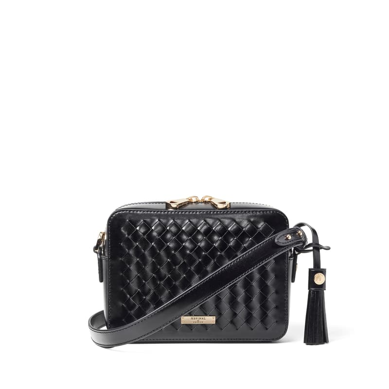 Camera Crossbody in Black Patent Woven Leather