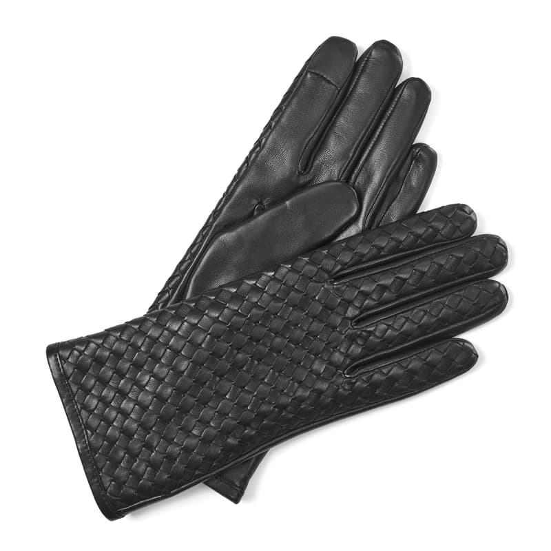 Women's Black Nappa Woven Leather Gloves