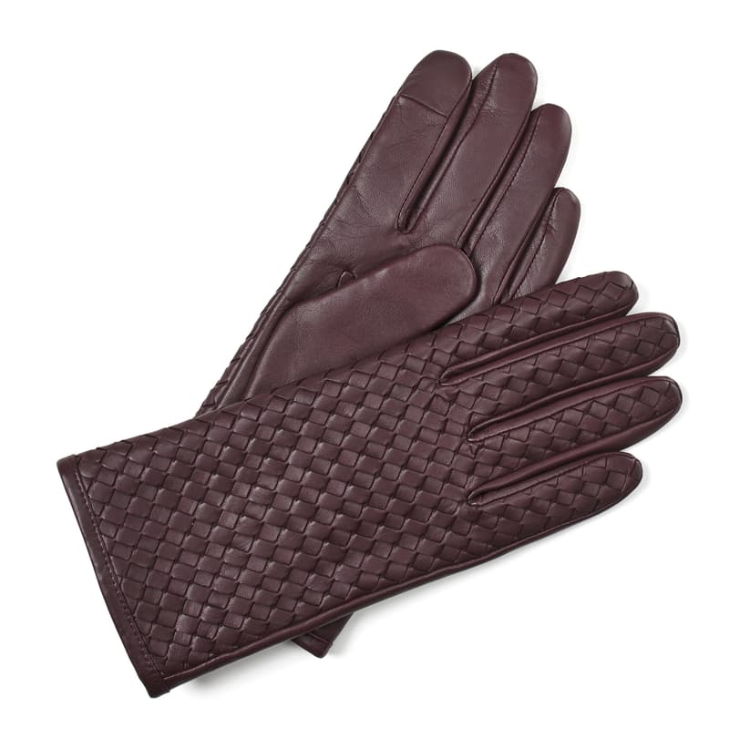 Women's Woven Leather Gloves in Fig Nappa