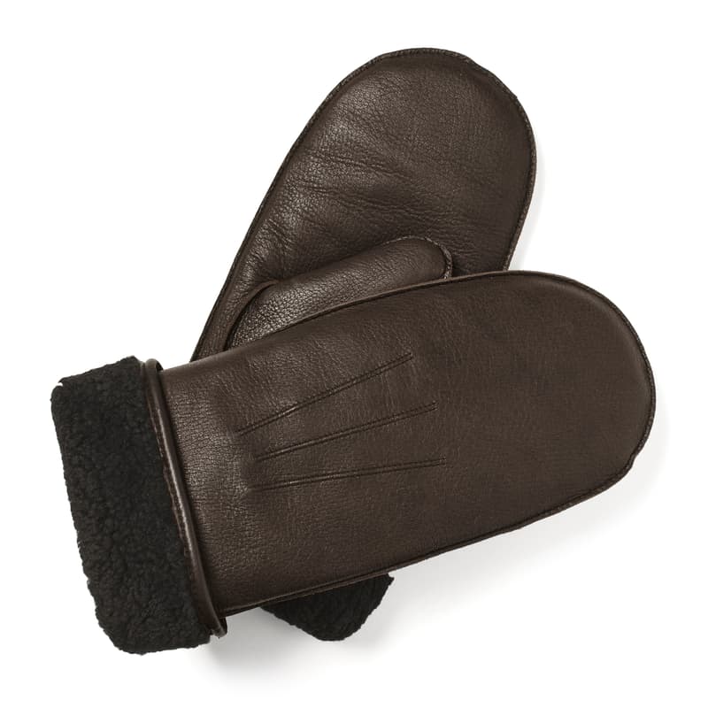 Women's Shearling Lined Leather Mittens in Chocolate Deerskin