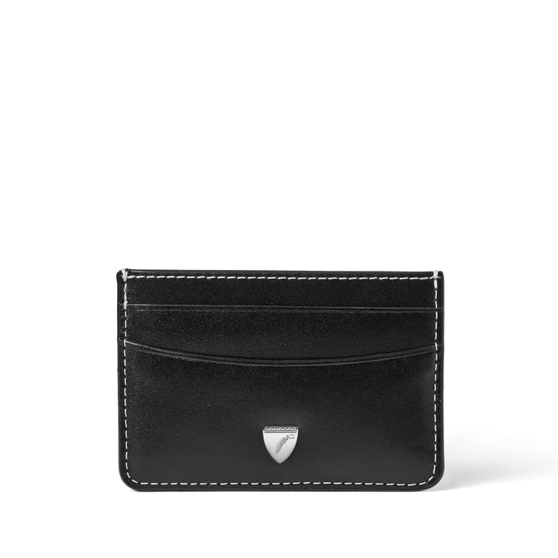 Slim Credit Card Holder in Smooth Black with Ecru Stitching