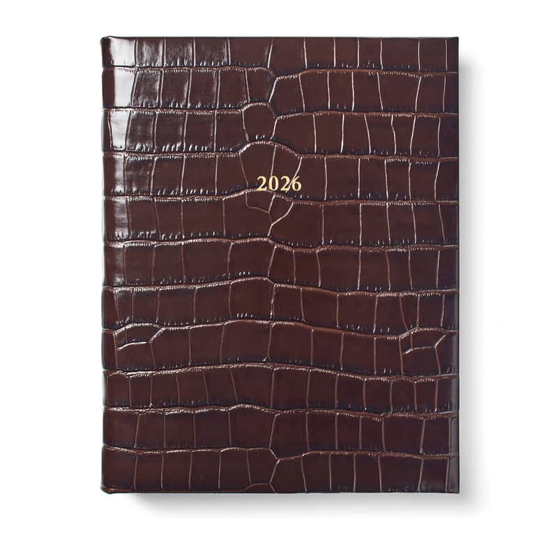 2026 A4 Day to Page Leather Diary in Deep Shine Amazon Brown Croc