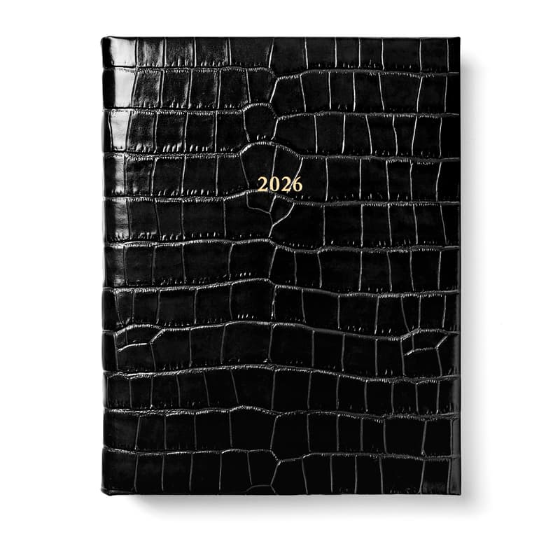 2026 A4 Day to Page Leather Diary in Deep Shine Black Croc