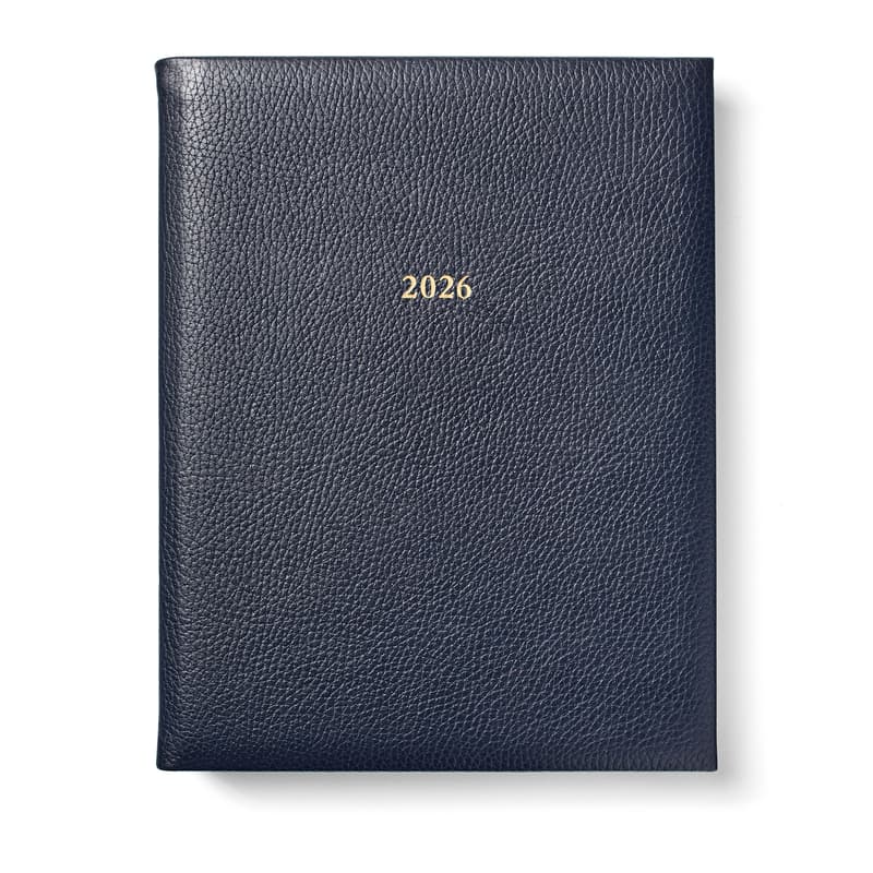 2026 A4 Day to Page Leather Diary in Navy Pebble