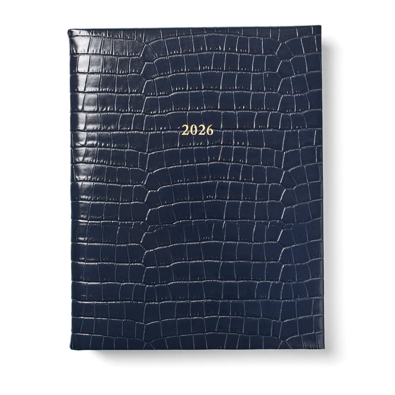 2026 A4 Day to Page Leather Diary in Deep Shine Navy Small Croc