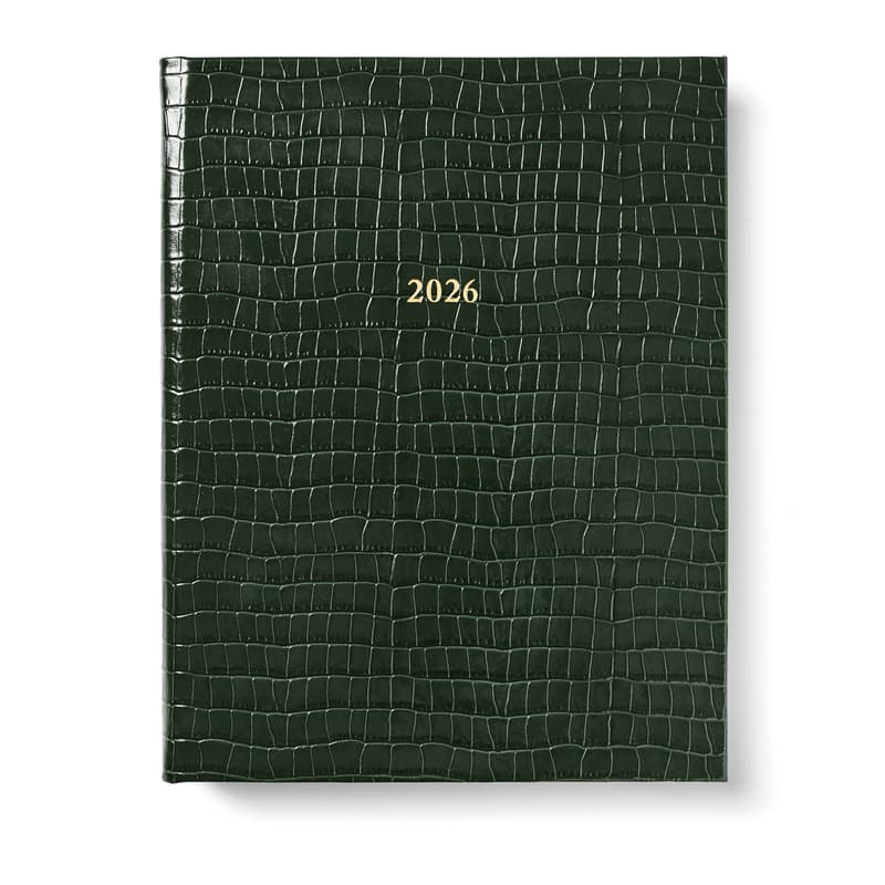 2026 A4 Day to Page Leather Diary in Deep Shine Evergreen Small Croc
