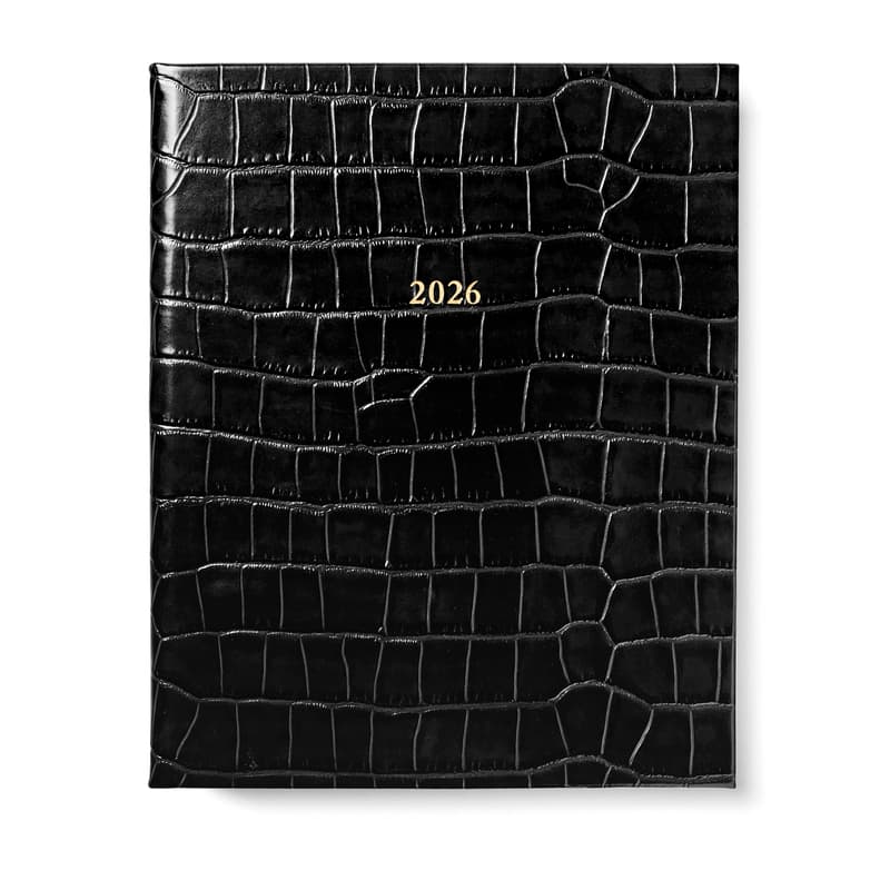 2026 A4 Week to View Leather Diary in Deep Shine Black Croc