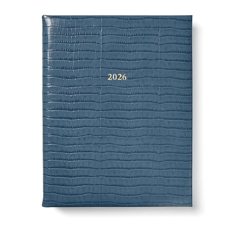 2026 A4 Day to Page Leather Diary in Deep Shine Peacock Blue Small Croc