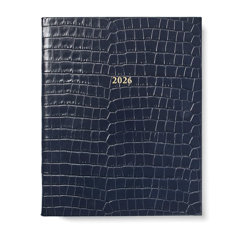 2026 A4 Week to View Leather Diary in Deep Shine Navy Small Croc