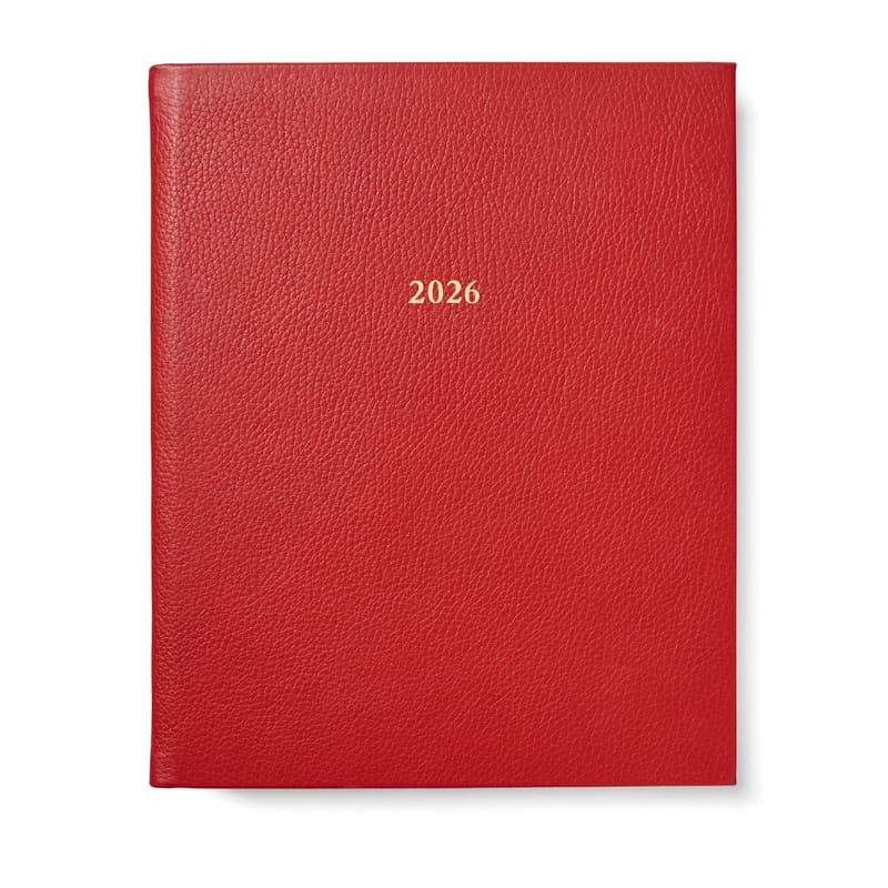 2026 A4 Week to View Leather Diary in Cardinal Red Pebble