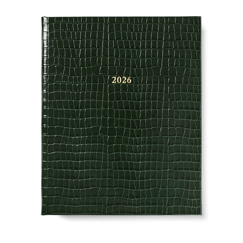 2026 A4 Week to View Leather Diary in Deep Shine Evergreen Small Croc