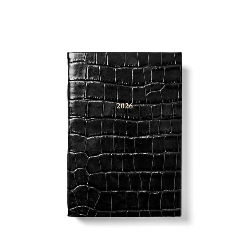 2026 A5 Day to Page Leather Diary in Deep Shine Black Croc