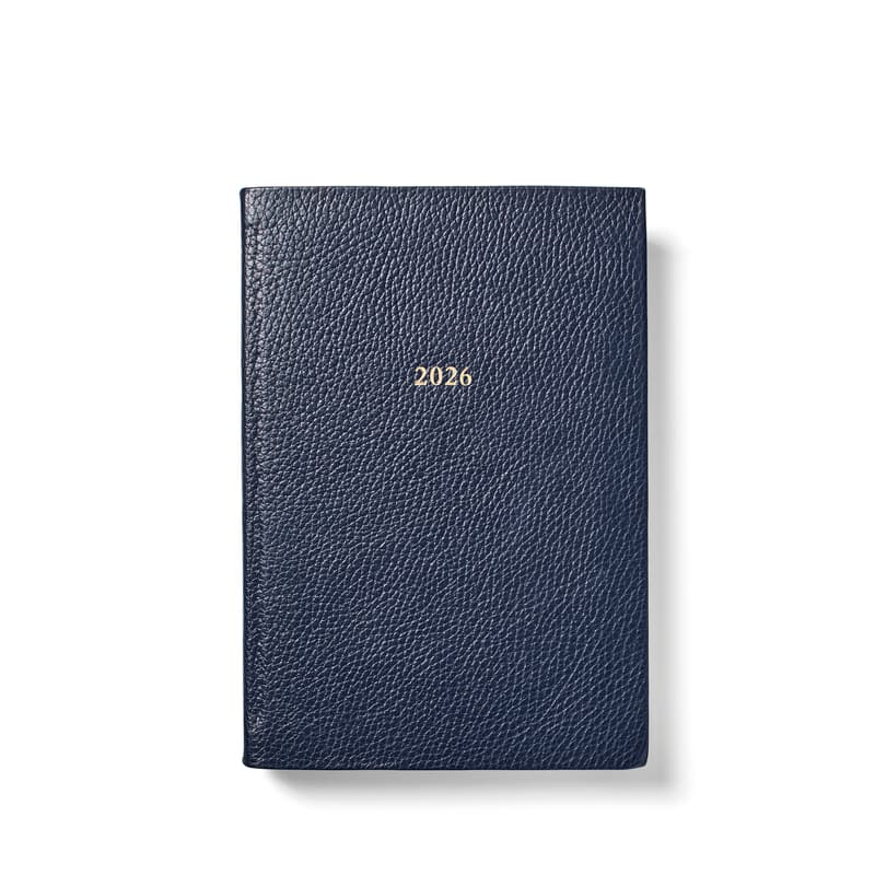 2026 A5 Day to Page Leather Diary in Navy Pebble
