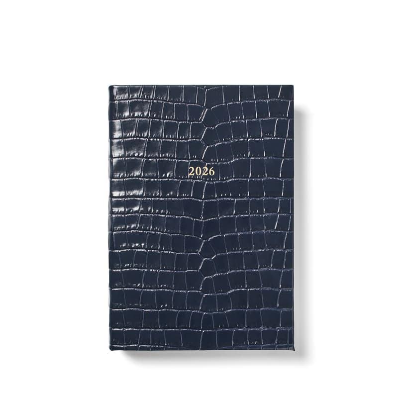2026 A5 Day to Page Leather Diary in Deep Shine Navy Small Croc