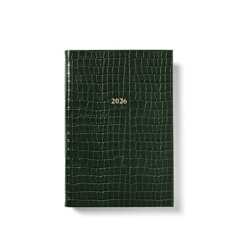 2026 A5 Day to Page Leather Diary in Deep Shine Evergreen Small Croc