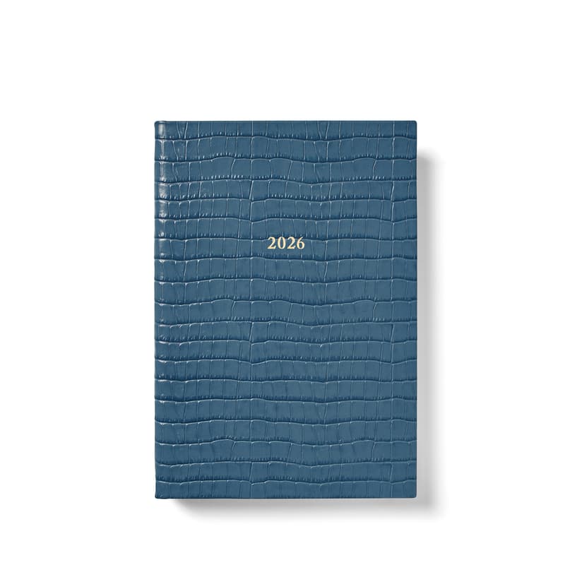 2026 A5 Day to Page Leather Diary in Deep Shine Peacock Blue Small Croc