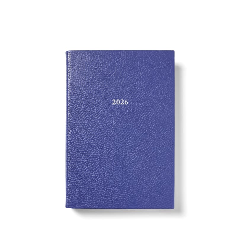 2026 A5 Day to Page Leather Diary in Cobalt Blue Pebble