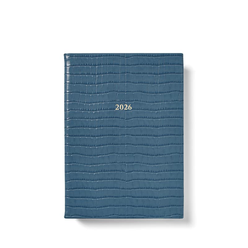 2026 A5 Week to View Leather Diary in Deep Shine Peacock Blue Small Croc