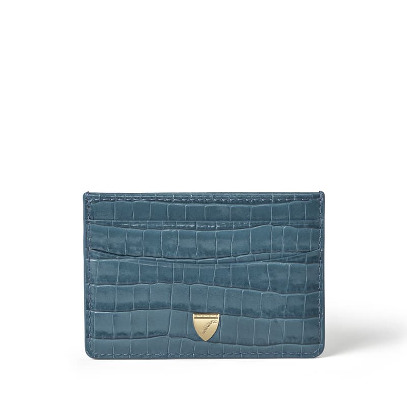 Slim Credit Card Holder in Deep Shine Peacock Blue Small Croc