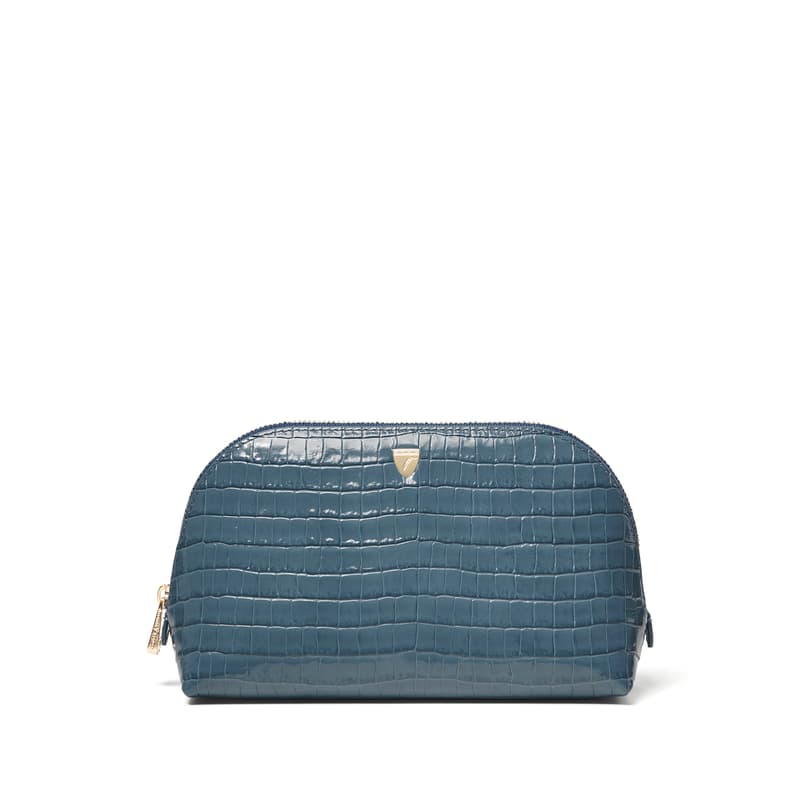 Classic Makeup Case in Deep Shine Peacock Blue Small Croc