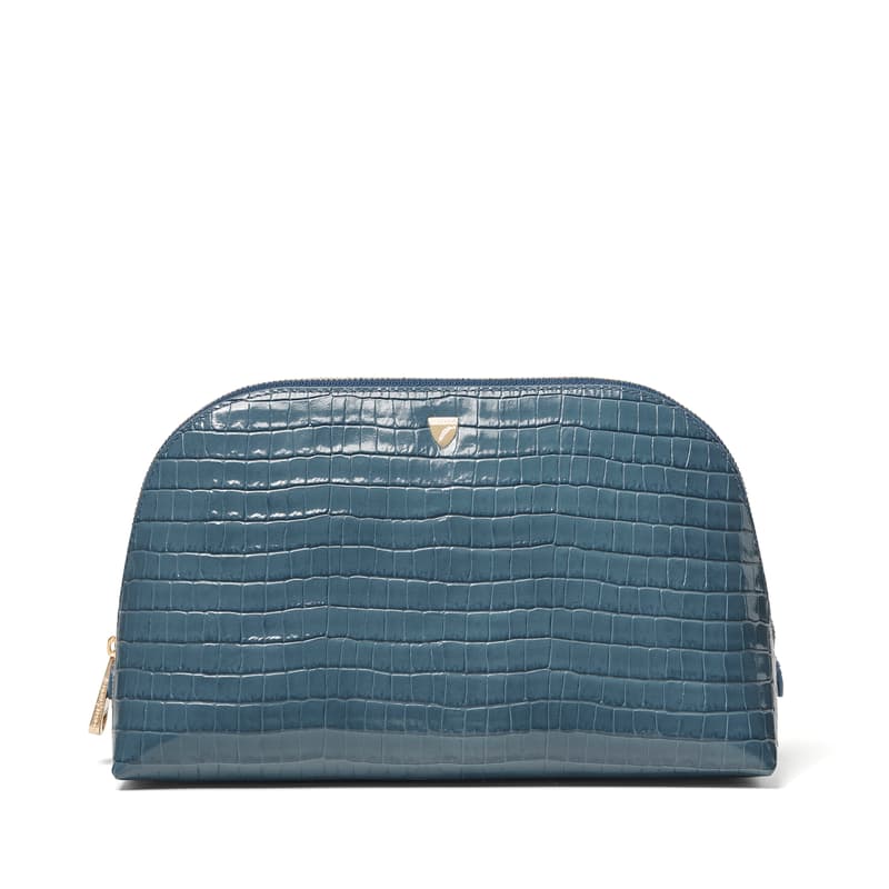 Classic Toiletry Bag in Deep Shine Peacock Blue Small Croc