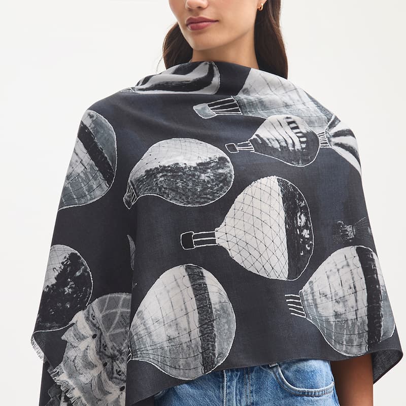 Large Merino Wool Scarf in Monochrome Hot Air Balloon