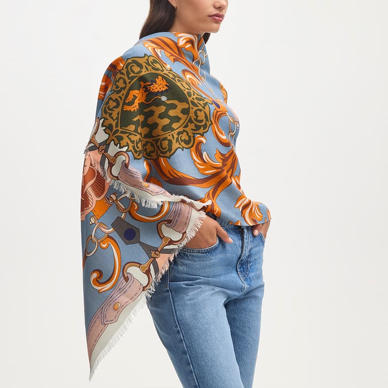 Large Merino Wool Scarf in Heritage Blue Signature Shield