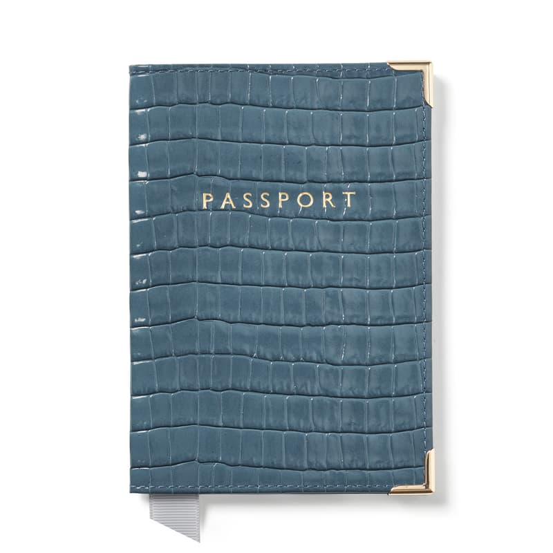 Passport Cover in Deep Shine Peacock Blue Small Croc