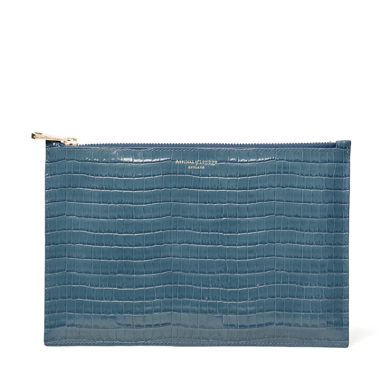 Large Essential Flat Pouch in Deep Shine Peacock Blue Small Croc