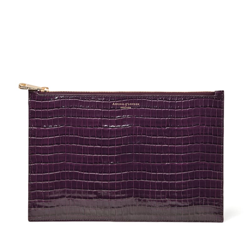 Large Essential Flat Pouch in Deep Shine Fig Small Croc