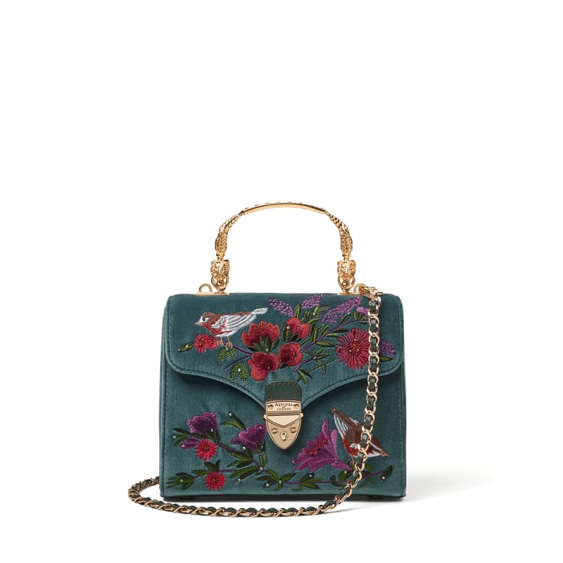 Midi Mayfair in English Garden Hand Embroidery on Peacock Velvet