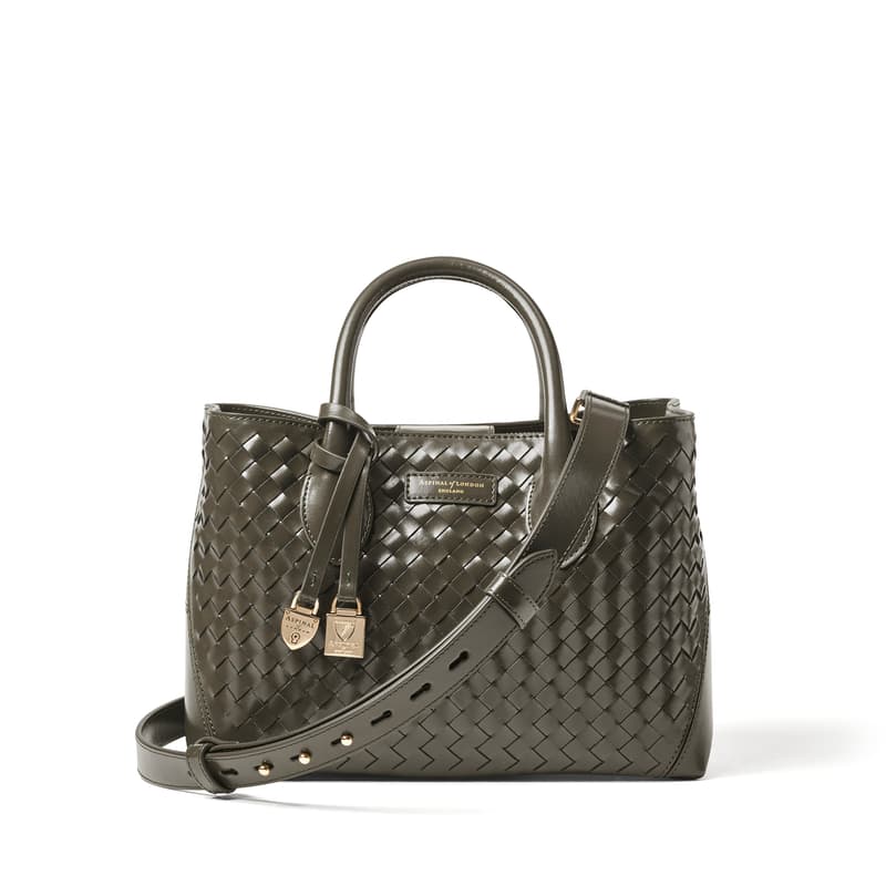 Midi London Tote in Evergreen Woven Leather with Engravable Charm
